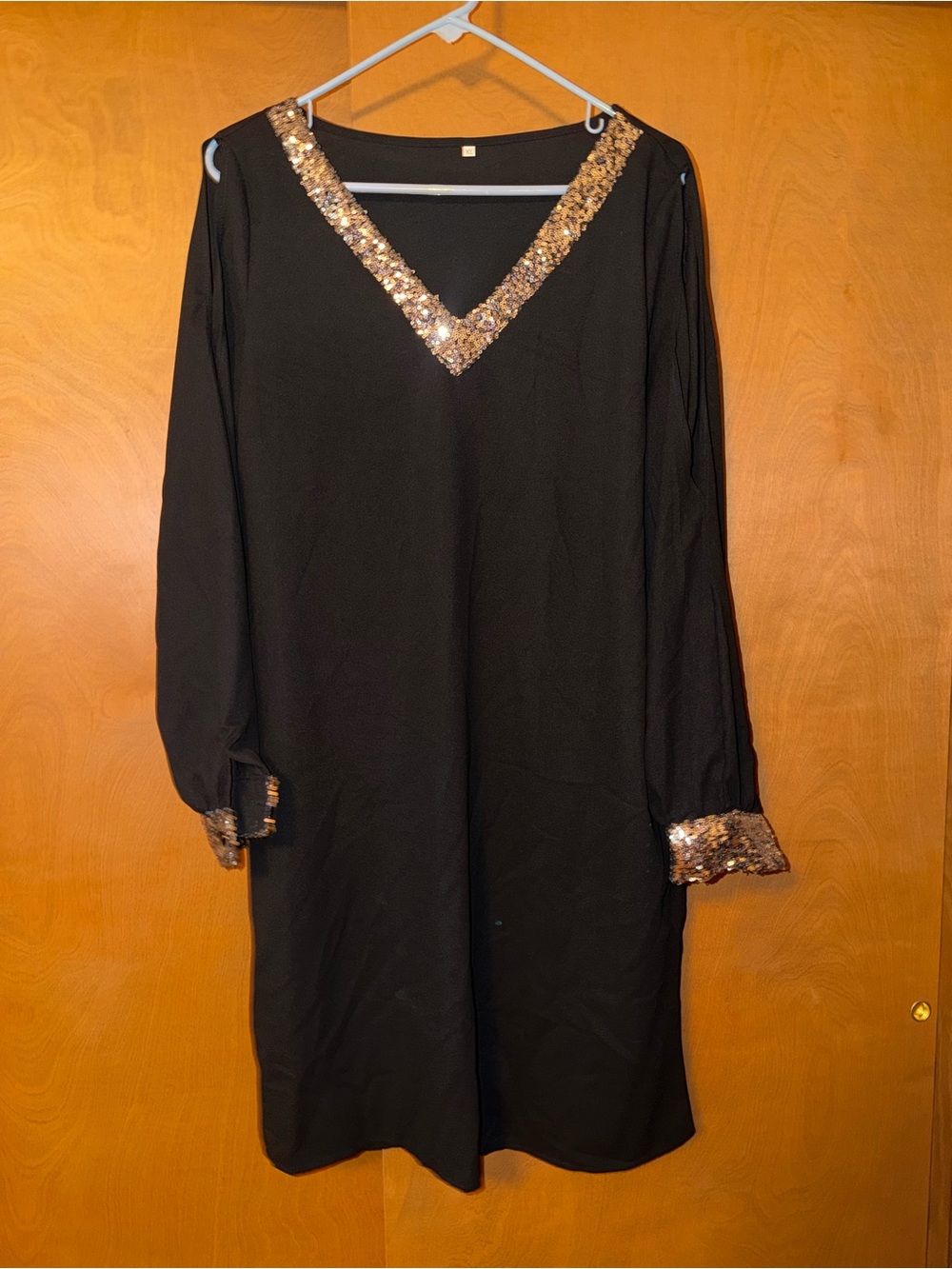 Black Long-Sleeve Dress with Silver Sequin V-Neck
